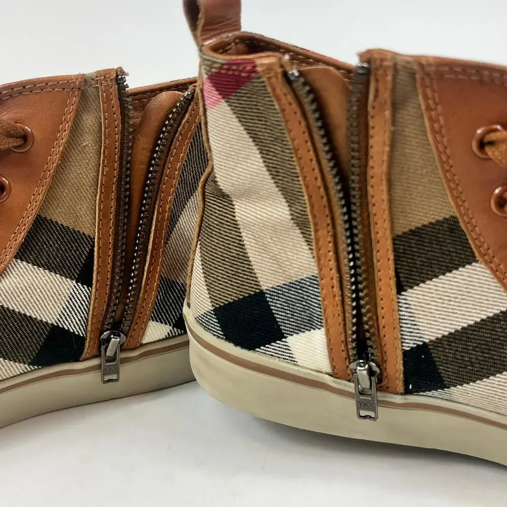 Burberry Kids Sz 2 (33) Nova Check High Top Sneakers Brown Tan Canvas Leather